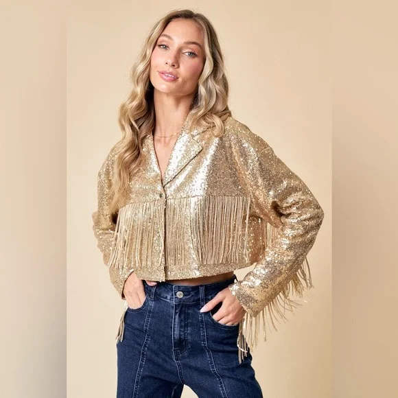 62B. Fringe Sequin Crop Jacket - Gold